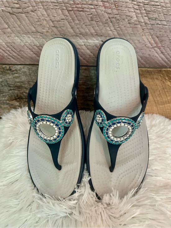 CROCS Shoes - CROCS Navy and White Jeweled Thong Sandals